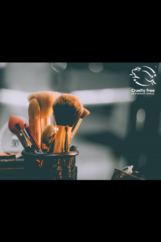 make up brushes in pot with white Leaping Bunny logo